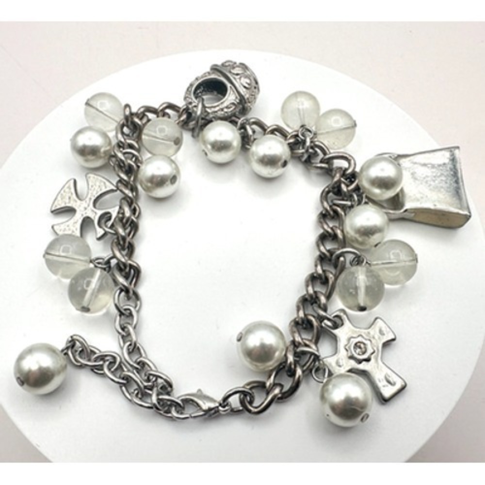 Vintage 90s Silver Tone Cross Charm Faux Pearl Beaded Bracelet Women's Jewelry